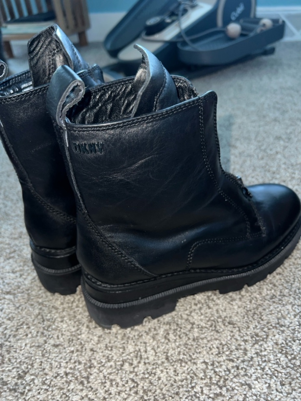 DKNY Black Leather Lug Sole Ankle Boots